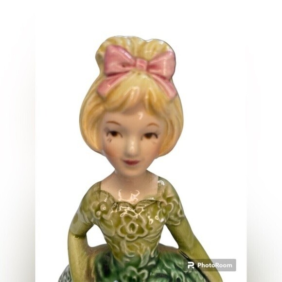 Rare Vintage Enesco Ceramic Planter Lady Figurine Green Dress Japan E-8283 - Picture 2 of 6